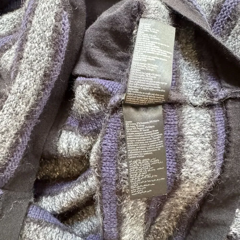 Karen Millen Cardigan Sz 4 Gray Black Blue Striped Cotton Mohair Blend Zip Pocke